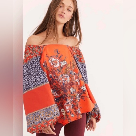 NEW $128 Free People Postiano Printed Boho Blouse in Cherry Red Top - Picture 2 of 7